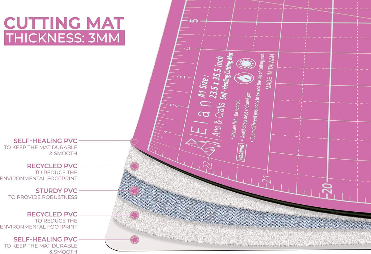 Elan Cutting Mat A3 Pink & Purple, Self Healing Cutting Mat 12x18 Inch, 5-Ply Craft Board Pink, Hobby Board for Crafts 12x18 Inch