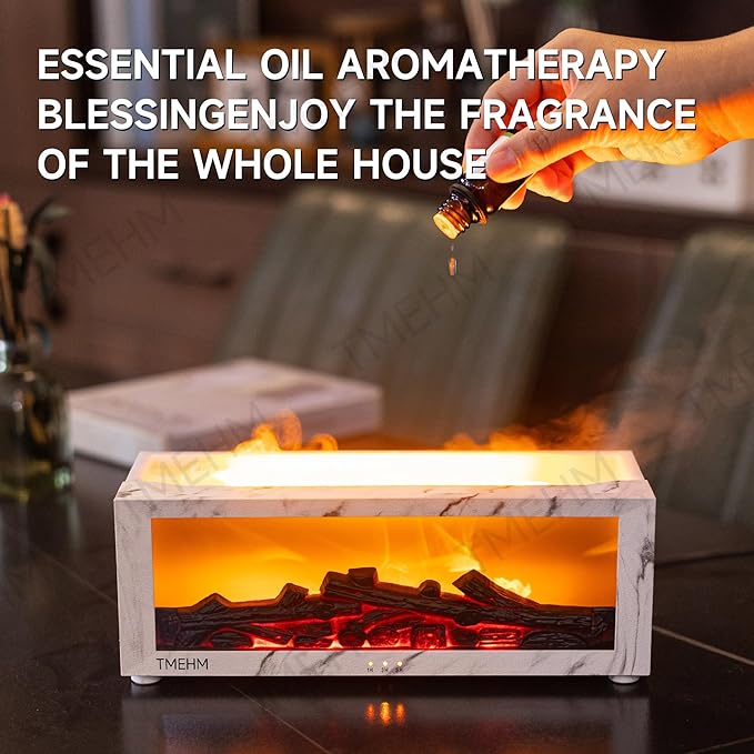 Fireplace Flame Air Diffuser Humidifier,7 Colors Aromatherapy Essential Oil Diffuser,Ultrasonic with Timer for Home,Bedroom,Office,Yoga (White Marble)