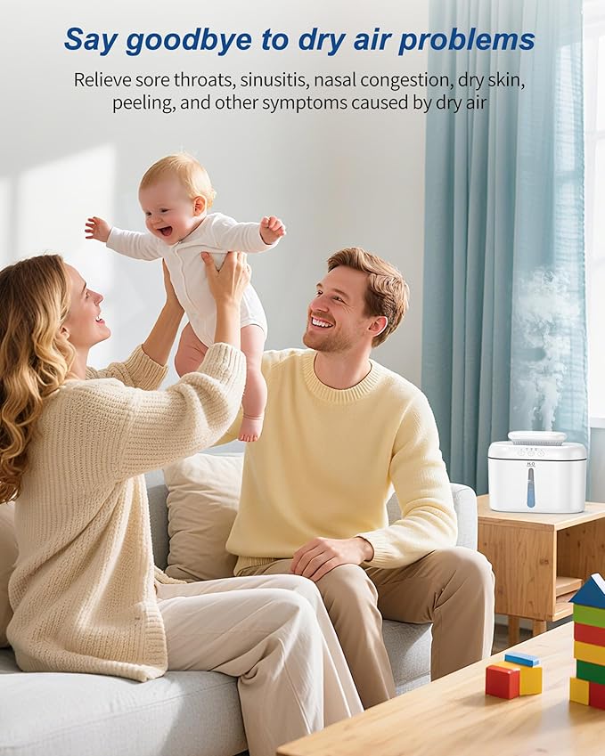 SZO Double Spray Humidifiers for Bedroom Large Room, 2.5L Cool Mist Humidifier for Plants Baby Nursery, Dual Nozzle Output, 16dB Quiet, Auto Shut-Off, Night Light, White