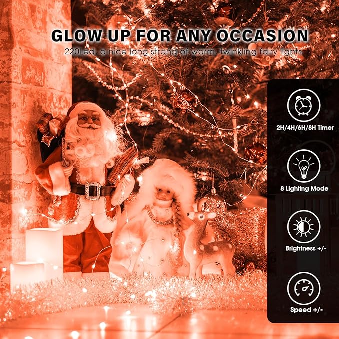 Fairy Lights 66ft 200 LED USB Twinkle String Lights Plug in Silver Wire Lights with Remote and Timer 8 Modes Outdoor Waterproof Starry Lights DIY Party Wedding Christmas Decoration（Orange）
