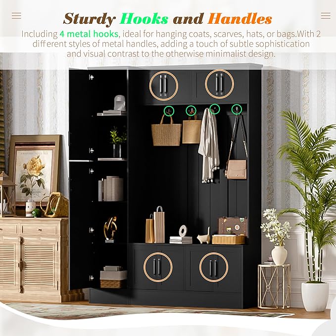 79'' Tall Modern Hall Tree with Shoe Storage and 4 Coat Hooks, 4-in-1 Entryway Bench with 6 Cabinets and Adjustable Shelf for Hallway, Living Room (Black/33f)