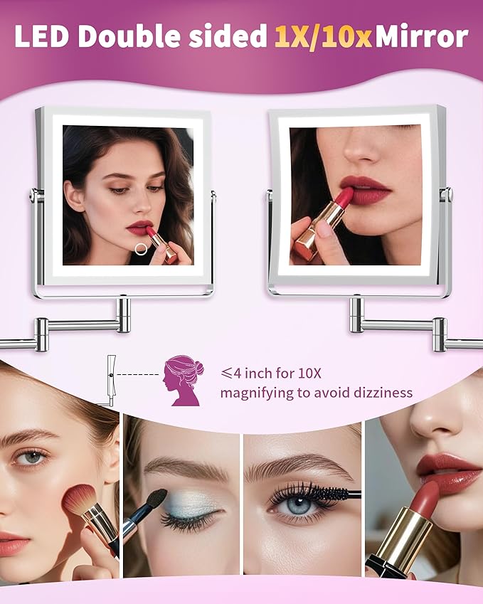 Rechargeable Wall Mounted Makeup Mirror with Lights, 4000mAh Double Sided 1X/10X Magnifying Vanity Mirror with 3 Color Lights, Touch Dimmable, 360° Extension Foldable Arm (Chrome)