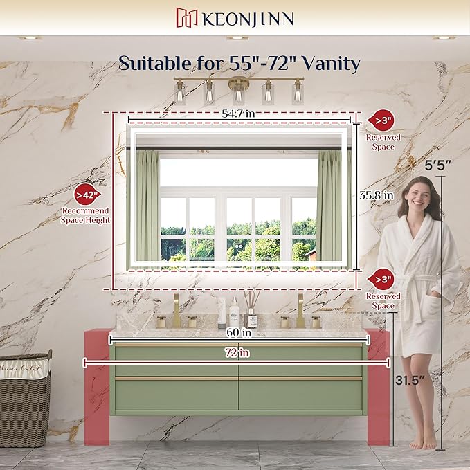 Keonjinn 55" x 36" LED Mirror, Frontlit & Backlit Bathroom Mirror, Oversized, Tempered Glass, Energy-Saving, Anti-Fog, Warm/Neutral/White Lights, Stepless Dimmable, UL-Listed LED Driver