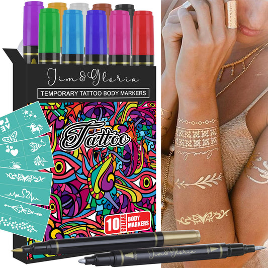 Jim&Gloria Body Art Tattoo Pen Dual Tip 10 Colors with GOLD SILVER Temporary Tattoo Markers Skin Pen Body Markers Skin Marker Face Paint Teen Girl Gifts Trendy Stuff Teenager and Adults