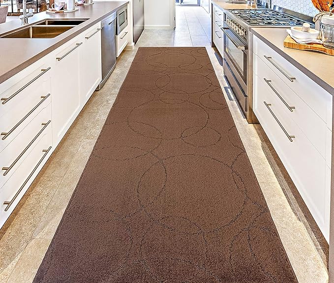 Custom Size Modern Geometric Pattern Carpet Runner Rug for Hallways, Slip Resistant Latex Rubber Backed, 31 inch Wide X Customized Length, Circles Brown, 31 inch X 4 feet, Doormat Size