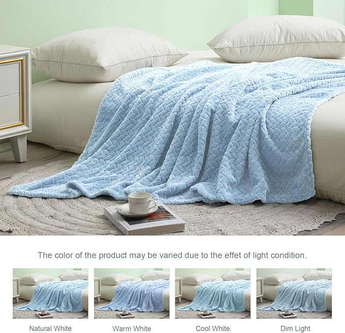 Exclusivo Mezcla Light Blue Fleece King Size Blanket for Bed, 90x104 Inches Soft Cozy 3D Decorative Jacquard Flannel Blankets, Lightweight Fuzzy Plush Warm Blankets for All Seasons