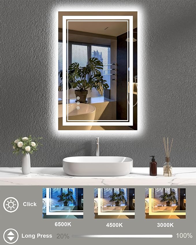 LED Mirror for Bathroom, 20x28 Inch Lighted Mirrors for Bathroom Wall with Unbreakable Tempered Glass, 3 Colors Stepless Dimmable, Super Bright 2 Front Lights + Backlit, Anti-Fog, Memory Function