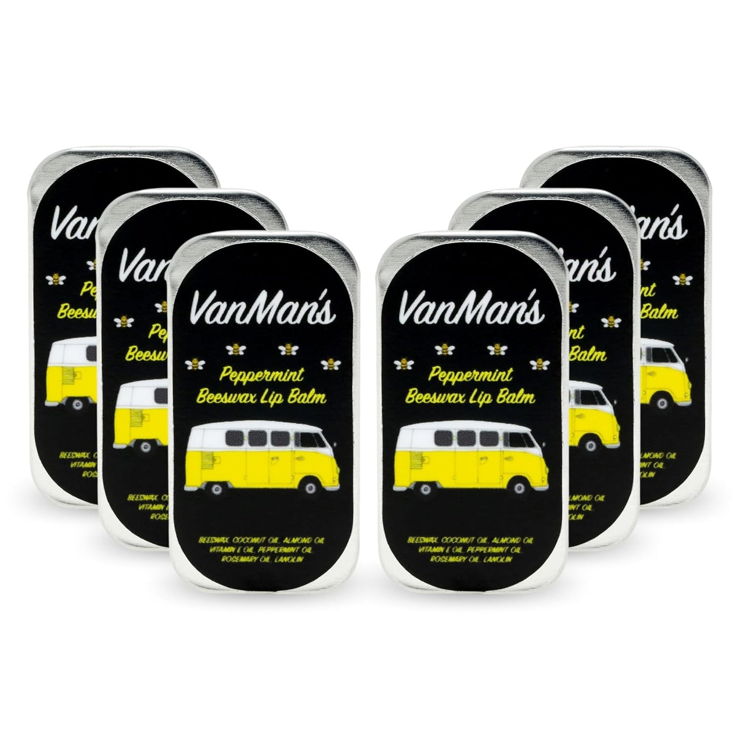 Vanmanâs - Handmade Peppermint Beeswax Lip Balm (6 Pack) - Peppermint Lip Balm with Rosemary, Almond and Coconut Oil - Bee Balm with Vitamin E - Peppermint Balm Ideal for Dry Lips