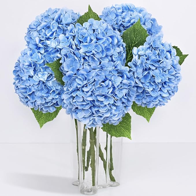 6 Pcs Real Touch Hydrangea Artificial Flowers, 21" Blue Full Faux Hydrangea Flowers Latex Fake Flowers for Home Decor Party Floral Arrangements Wedding Bouquets Centerpieces Outdoor Decor
