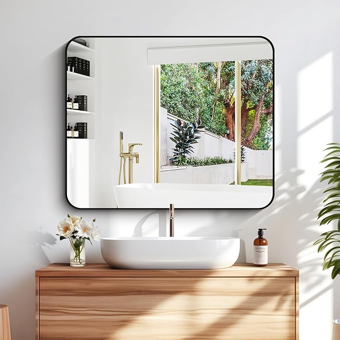 30" x 36"Bathroom Mirror, Matte Black Wall Mirror with Metal Frame, Decorative Rectangular Vanity Mirror for Bedroom Bathroom Living Room Entryway (Horizontal/Vertical)