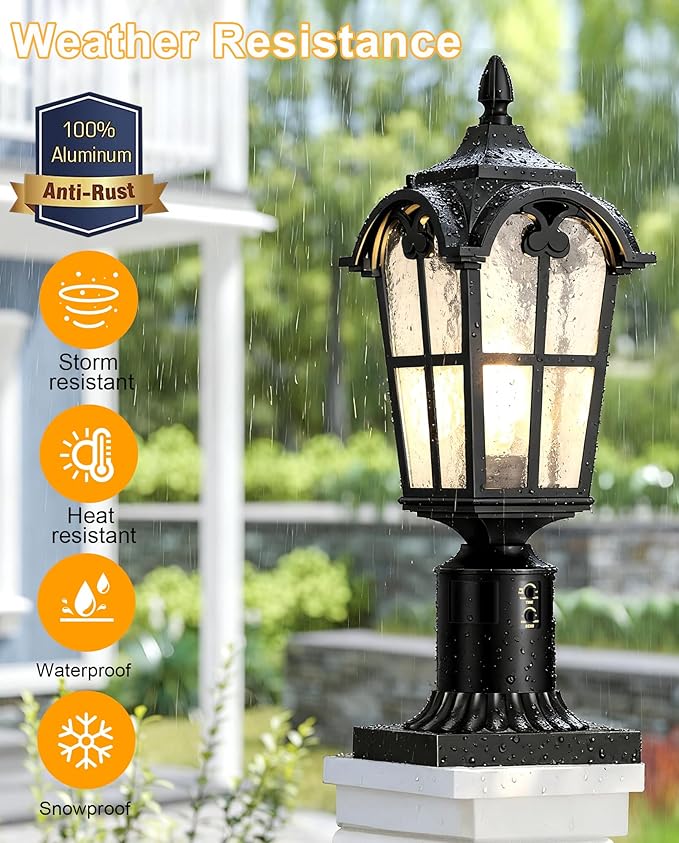 Motion Sensor Outdoor Post Lights,17.7" Dusk to Dawn Lamp Post Light Fixture, 360°Detection 3 Lighting Modes Outdoor Lighting,Waterproof Aluminum Pole Lantern for Yard Patio Pathway Garden
