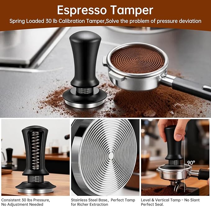 9 Pcs Espresso Accessories Kit, 58mm Espresso Tamper Tools, with Wooden Espresso Tamping Station, Distributor, Stirrer, Dosing Funnel,Puck Screen, Brush, Latte Art Pen and Decorative Stencils