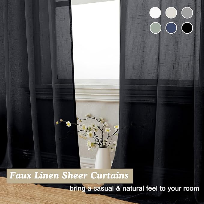 Aiyufeng Kirei Black Sheer Curtains 63 Inch Length 2 Panels, Faux Linen Slub Textured Soft Breathable Rod Pocket Light Filtering Curtain for Living Room Bedroom Kitchen, Each 40Wx63L Inch