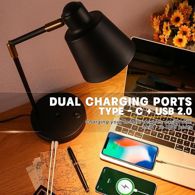LED Desk Lamp with Dual USB Charging Ports, 100% Metal, 270° Swivel Arms, Soft White Light (3000K), Bedside Reading Lamp, Home Office Lamp (Black)
