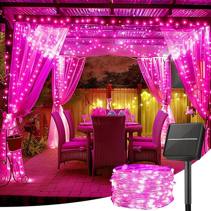 Minetom Solar String Lights for Outside, 33Ft 100 LED Outdoor Solar Fairy Lights, 8 Modes Balcony Lights for Tree Patio Christmas Party Wedding Decor (Pink)