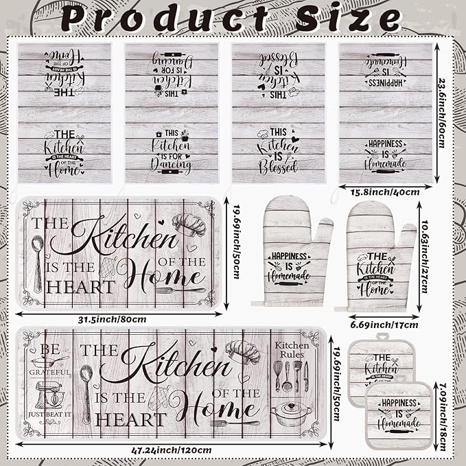 Fourluoo 10 Pcs Farmhouse Kitchen Decor and Accessories Set 4 Kitchen Towels 2 Pot Holders 2 Oven Mitts 2 Rugs for Cooking Baking Mom Housewarming Gifts (Unadorned Color,Stitched Wood Grain)