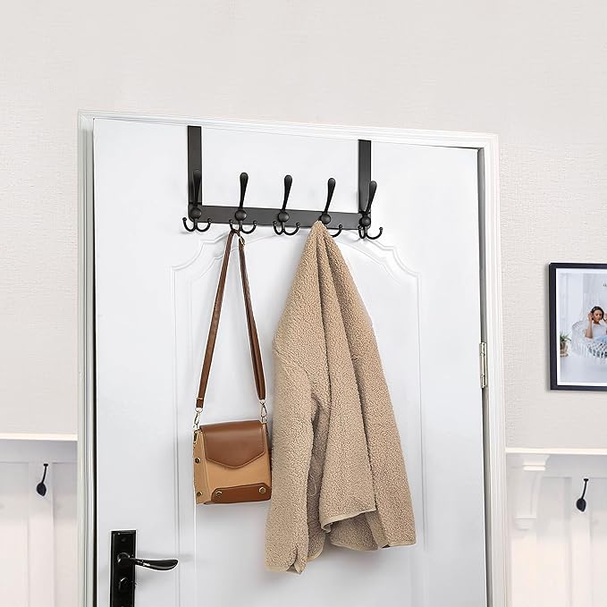 SKOLOO Over The Door Hook - for Doors up to 1-3/4'' Thickness, Metal Door Hanger with 5 Triple Hooks, Black Over The Door Hanger for Coats, Hats, Towels, Assembly Required