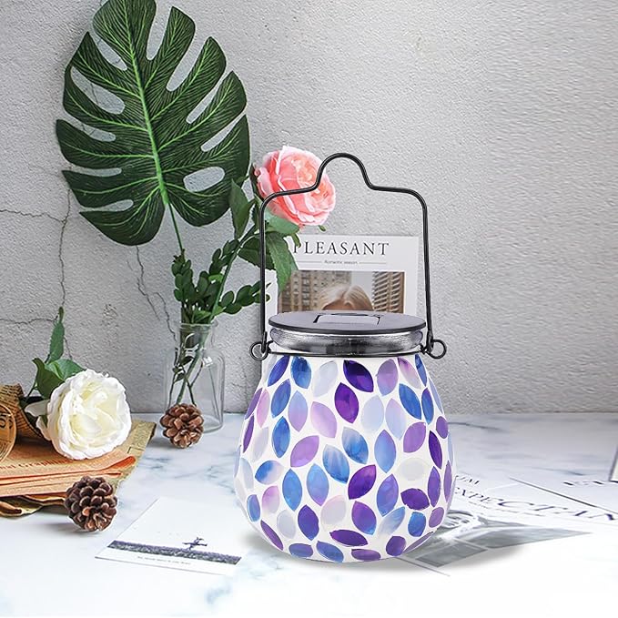 Bshine Mosaic Solar Lantern Outdoor Hanging Waterproof, Purple Mosaic Light Indoor Decorative Table, Garden Decor for Yard Outside, Path, Courtyard, Lawn, Birthday Gift for Mom Women Gardening
