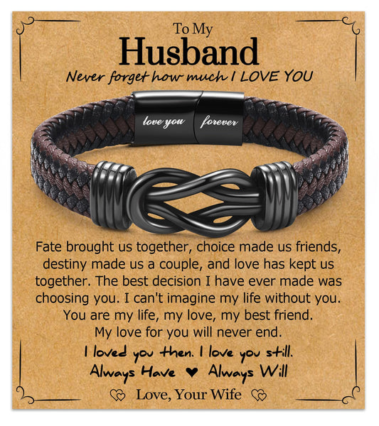 WIKHIA Gifts for Husband from Wife, Cool Infinity Leather Bracelet for Him Husband Birthday Christmas Anniversary Valentine's Day Present Ideas for Men