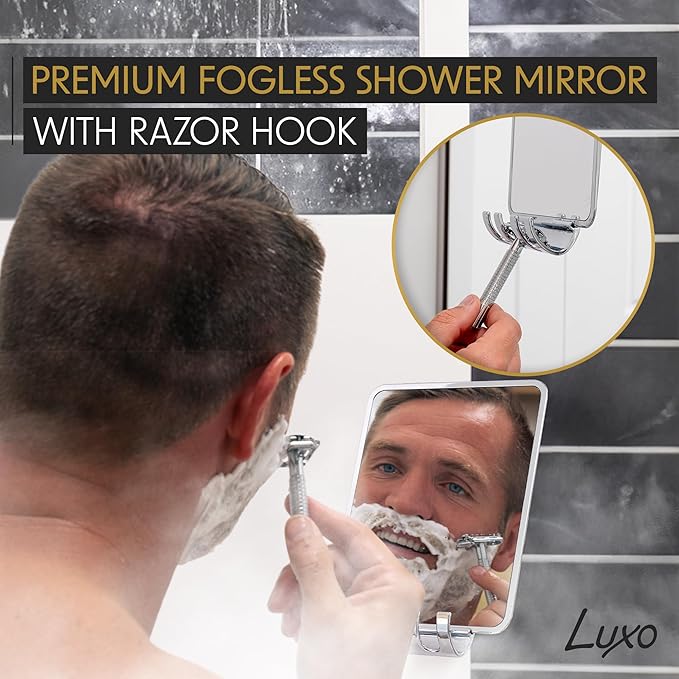 Luxo Shower Mirror, Shower Mirror fogless for Shaving with a Removable Razor Holder - Shaving Mirror for Shower with a Powerful Suction Cup - Shatterproof fogless Mirror for Shower