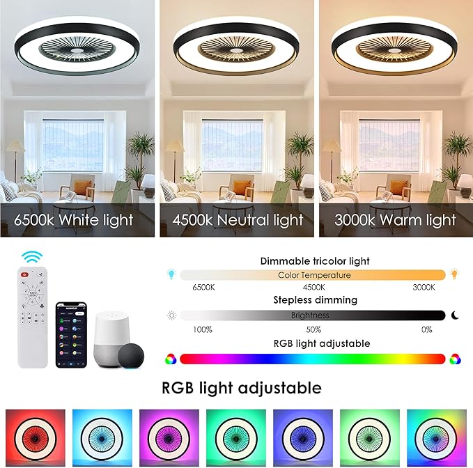 24" Bladeless Ceiling Fan with RGB Light Remote, Smart LED Ceiling Fans with Voice/App Control, Modern Low Profile Dimmable Light Ceiling Fan for Bedroom Living Room