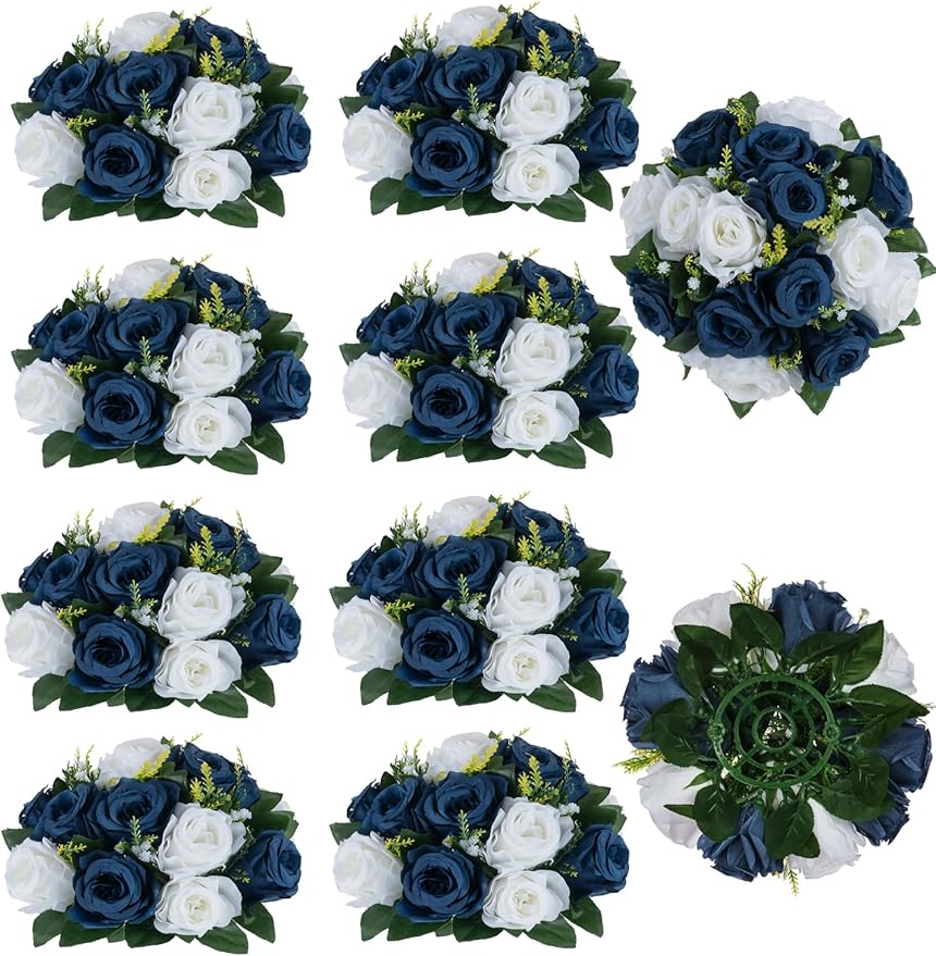 BLOSMON Navy Blue Flowers for Centerpieces: 10 Pcs Artificial Roses Flower Balls for Wedding Table - Fake Silk Kissing Bouquet Floral Arrangement for Home Party Event Decoration