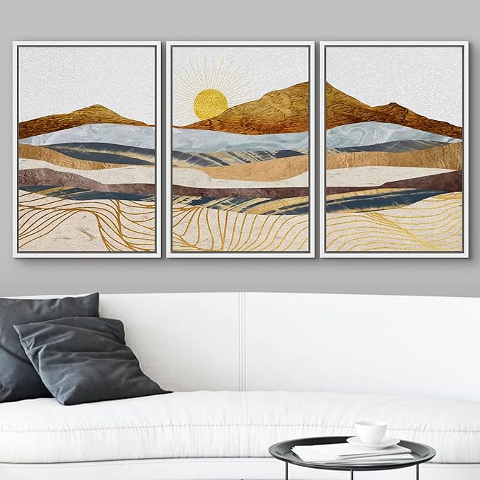 wall26 Framed Canvas Print Wall Art Set Gold Wave Geometric Mountain Range Nature Wilderness Illustrations Modern Art Decorative Landscape Zen for Living Room, Bedroom, Office - 24"x36"x3 White