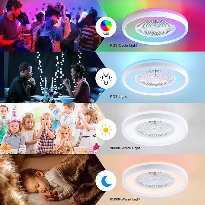 24" Bladeless Ceiling Fan with RGB Light Remote, Smart LED Ceiling Fans with Voice/App Control, Modern Low Profile Dimmable Light Ceiling Fan for Bedroom Living Room White