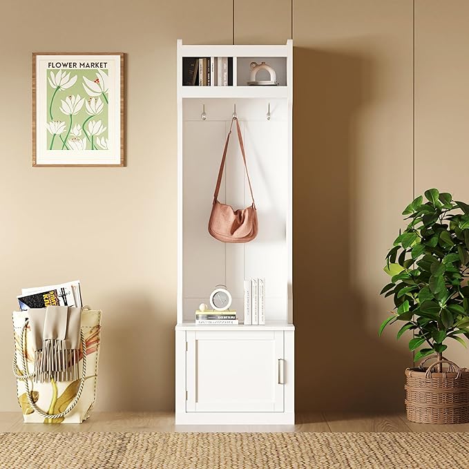 Minimalist Slim 78.7''H Hall Tree with Cabinet & 6 Hanging Hooks, Multi-Functional Storage Bench with Coat Rack, Elegant Foyer Cabinet for Mudrooms Organization Entryway Living Room (White-62s)