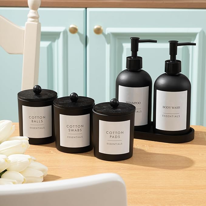 Yaomiao 5 Pack Black Frosted Glass Bathroom Accessories Set Kitchen Modern Liquid Soap Dispenser Set with Pump and Wood Tray Toothbrush Holder Cotton Swab Jars with Lids for Sink Countertop Home Decor