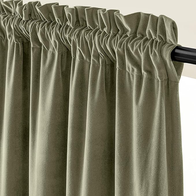 Lazzzy Velvet Blackout Curtains Thermal Insulated Room Window Drapes Super Soft Luxury Curtains for Living Room Bedroom Rod Pocket 2 Panels, Olive Sage, 62" W x 108" L