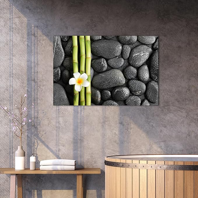 Zen Wall Art Decor, Modern Bathroom Zen Decor Wall Art, Canvas Wall Art for Spa Zen Room Decor, Green Bamboo Forest and Black Pebble Relaxing Art Prints for Office & Spa Wall Decor 18x24 Inches