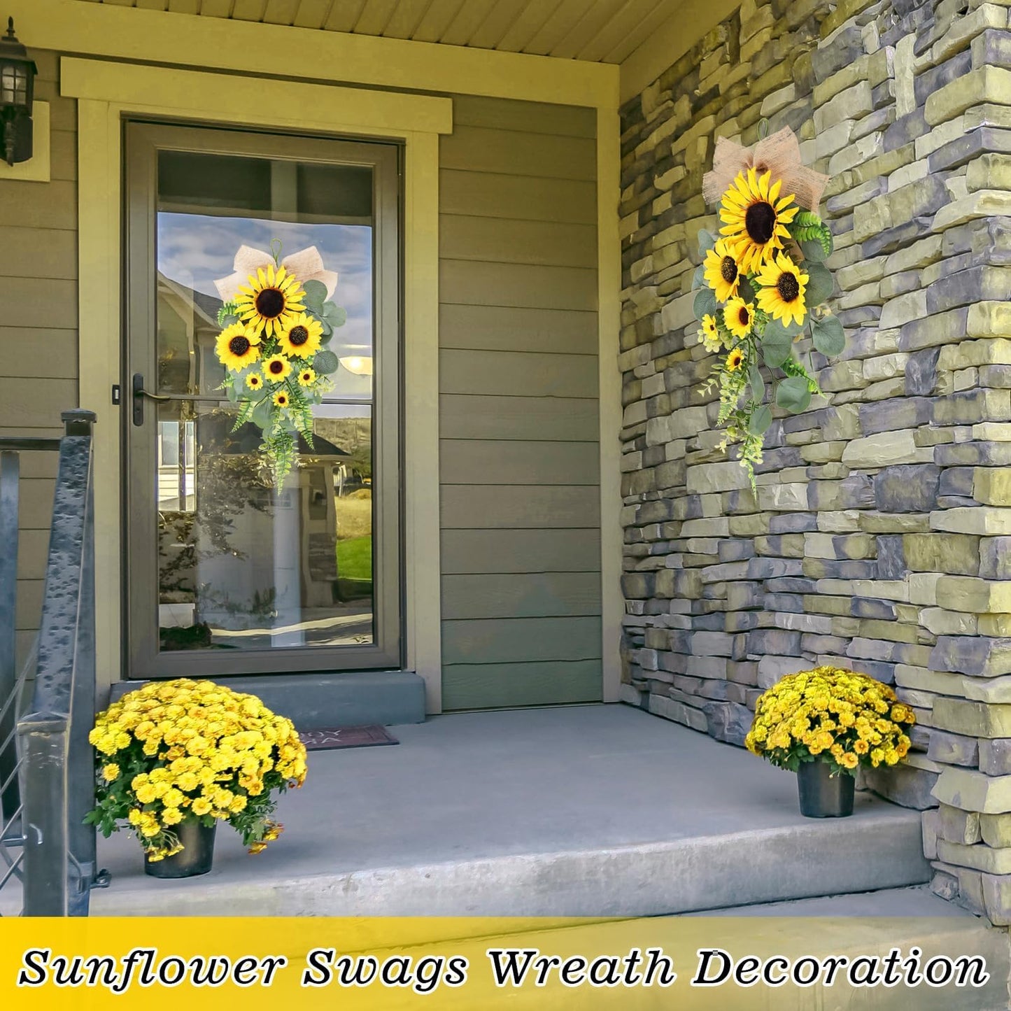 24in Artificial Sunflowers Teardrop Swag Spring Summer Sunflowers Floral Swag Wreath with Burlap Bow Fake Yellow Sunflower Garland for Front Door Indoor Outdoor Window Home Decor