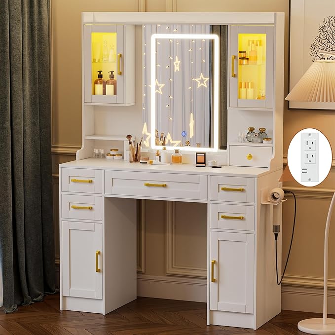 NUNU LAB 42 Inchs Large Vanity Desk with Mirror and Lights with 6 Drawers and 4 Cabinets, Big Women Makeup Table with Power Outlet, 3-Color Adjustable Lighting for Bedroom White