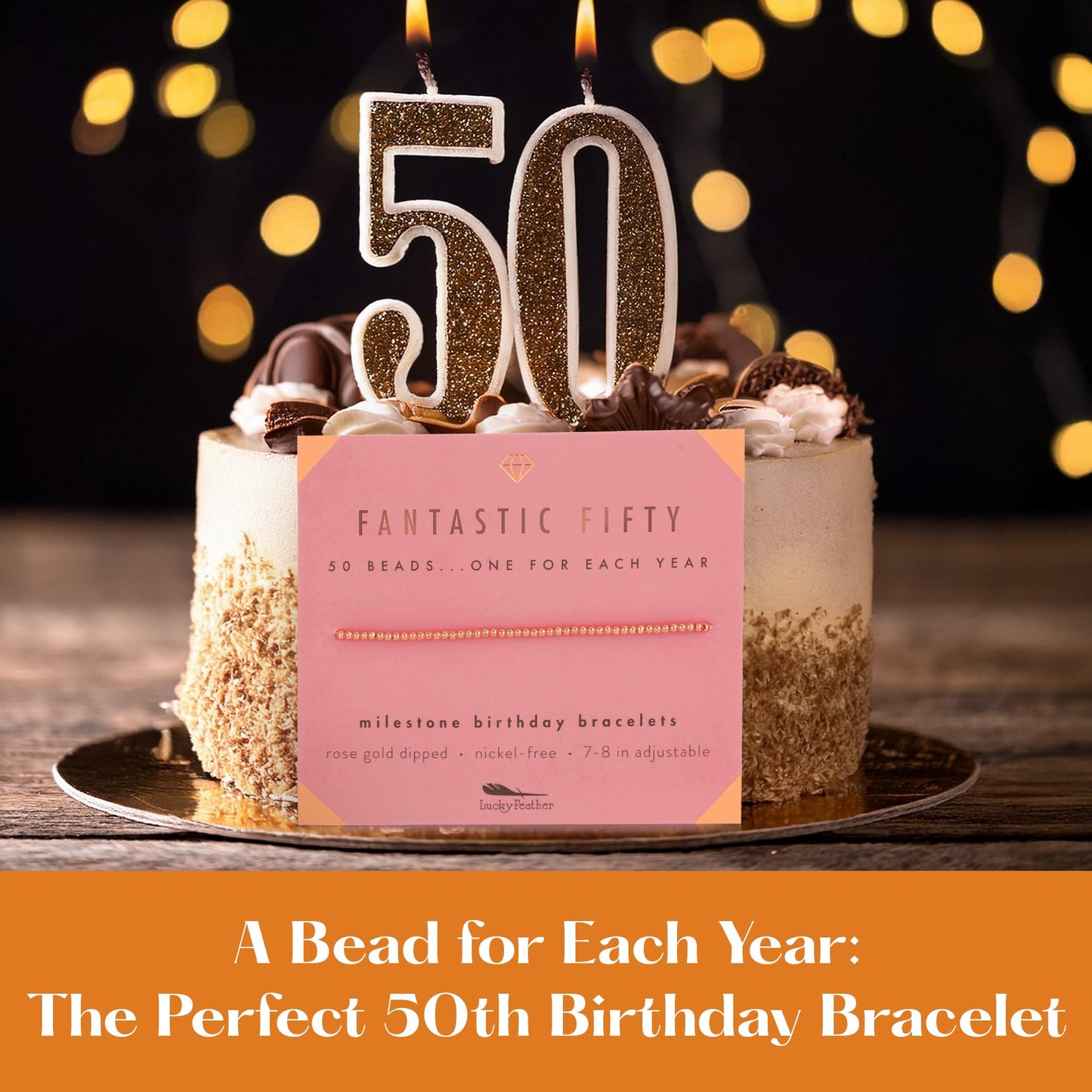 Lucky Feather 50th Birthday Gifts for Women Turning 50-14K Rose Gold Dipped Beads Bracelet on Adjustable Cord, 50th Birthday Jewelry Gift Ideas 50 Year Old Woman