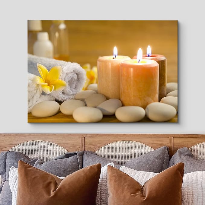 wall26 Canvas Print Wall Art Lit Spa Candle Trio with Stones & Yellow Blossoms Nature Wilderness Photography Realism Chic Scenic Relax/Calm Multicolor for Living Room, Bedroom, Office - 16$\