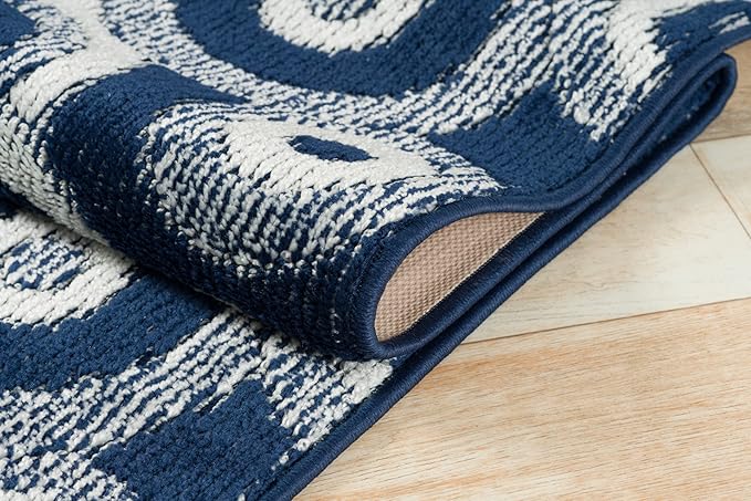Custom Length Cut to Size Retro Modern Coastal Carpet Runner Rug for Hallways, Non Slip Rubber Backed, 31 inch Wide X Customized Length, Geo Blue, 31 inch X 25 feet