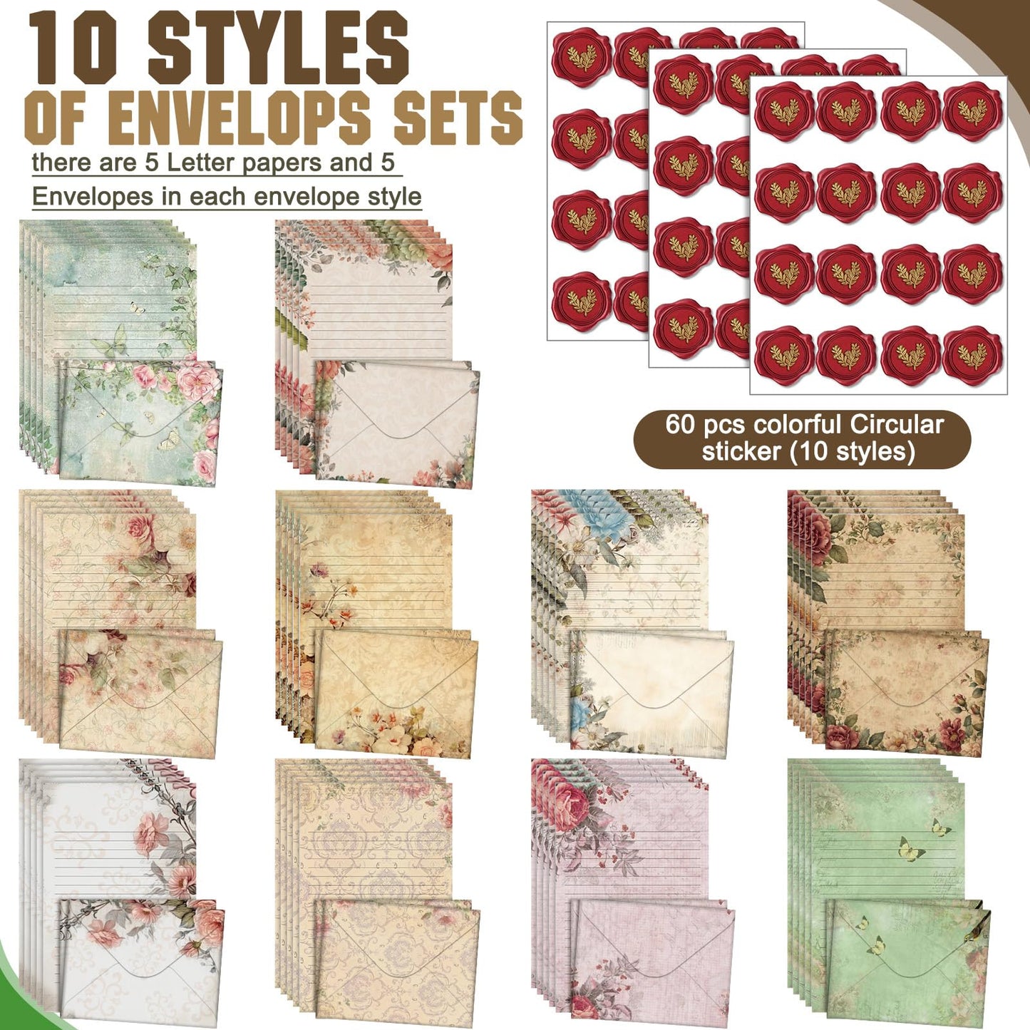 TaoBary 160 Pcs Stationery Paper Set 50 Double Sided Stationery Papers with 50 Matching Envelopes and 60 Round Dot Sticker, 10 Design(Vintage Floral,5.5 x 8.25 Inch)