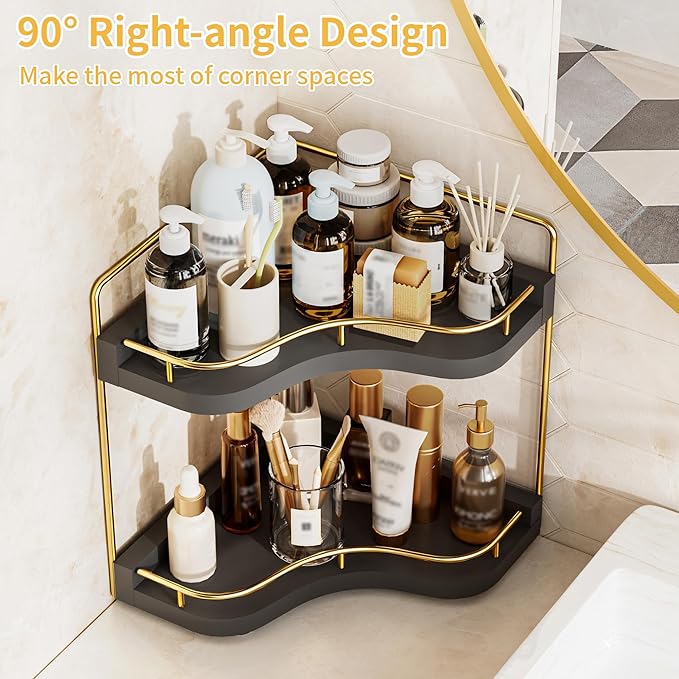 2-Tier Corner Bathroom Counter Organizer with Embedded Screw Holes, Secure & Stable Wood Vanity Shelf for Makeup and Skincare Essentials - Space Saving Bathroom Countertop Storage, Black Gold