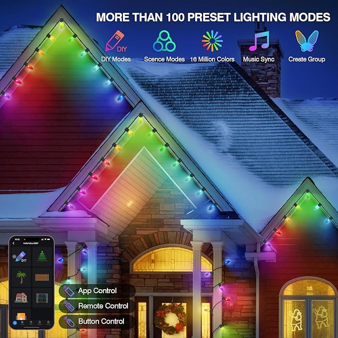 Smart C9 Christmas Lights Outdoor, 78FT 100LED RGB Color Changing String Lights, App&Remote Control, Music Sync, Connectable LED Christmas Tree Lights for Outdoor House Holiday Decoration