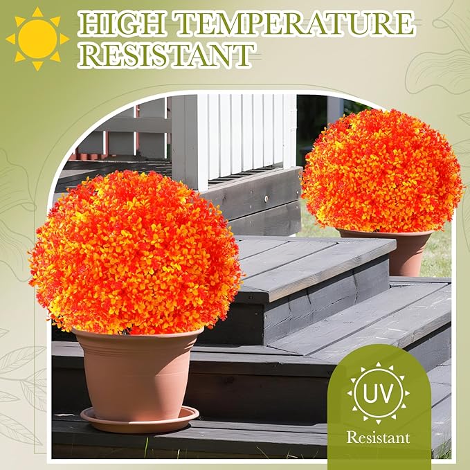 Yunlly Set of 2 Artificial Boxwood Topiary Ball Tree 27 Outdoor Boxwood Balls with Flower Faux Bush UV Resistance Fake Shrub Plant with Spike for Garden Porch Patio Decor (Fall Dark Orange,27x18inch)