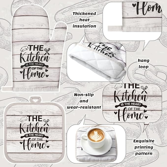 Fourluoo 10 Pcs Farmhouse Kitchen Decor and Accessories Set 4 Kitchen Towels 2 Pot Holders 2 Oven Mitts 2 Rugs for Cooking Baking Mom Housewarming Gifts (Unadorned Color,Stitched Wood Grain)