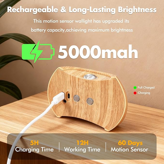 Motion Sensor Wall Lights Indoor - Rechargeable Wall Lights Up & Down, Wireless Battery Operated Wall Sconce Set of 2 for Bedroom, Hallway, Stair, Living Room Decor, Wood Cordless Magnetic Lamp Light