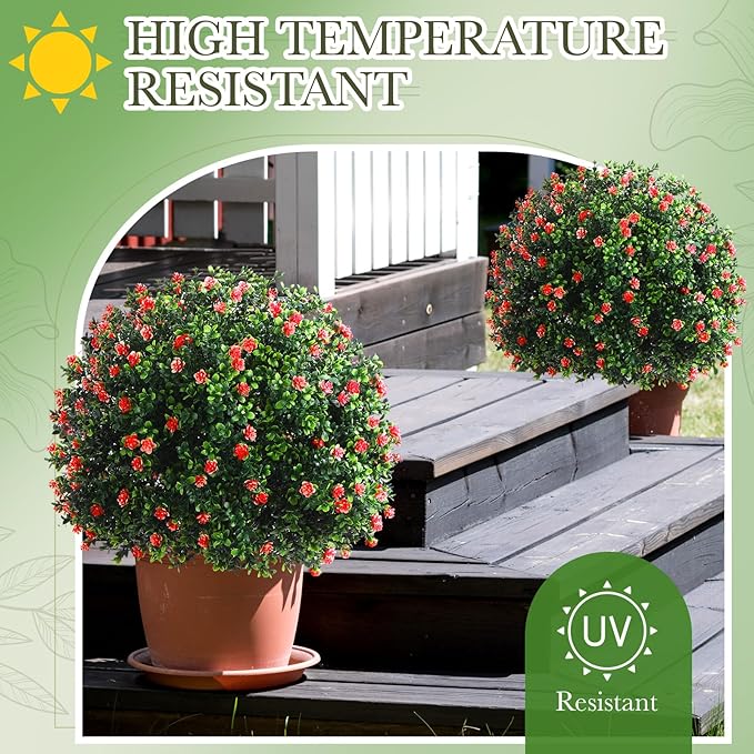 Yunlly Set of 2 Artificial Boxwood Topiary Ball Tree Fake Bushes Shrubs Outdoor Faux Plant with Ground Spike Flowers UV Resistance Greenery for Front Porch Garden Patio Indoor(Red,27x18inch)