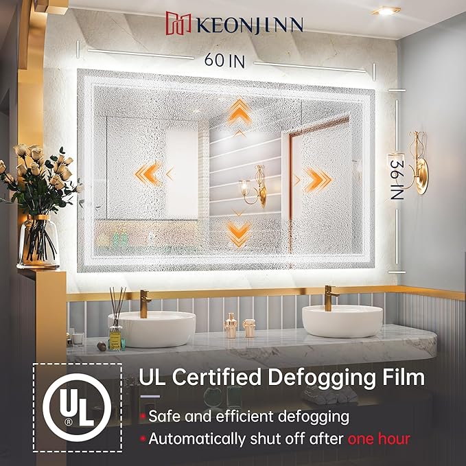 Keonjinn LED Bathroom Mirror 60" x 36" with Frontlit and Backlit, Tempered Glass Stepless 3 Colors Temperature & Dimmable Large Vanity Mirror, UL Listed LED Driver, Double Lights Anti-Fog Wall Mirror
