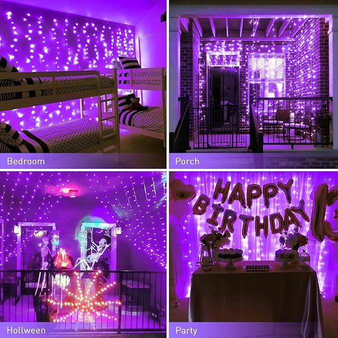 JMEXSUSS 300LED Purple Christmas Lights with Remote, Curtain Hanging Light Plug in, 8 Modes Purple String Lights for Bedroom Window Wall Party Backdrop Halloween Christmas Carnival Decorations
