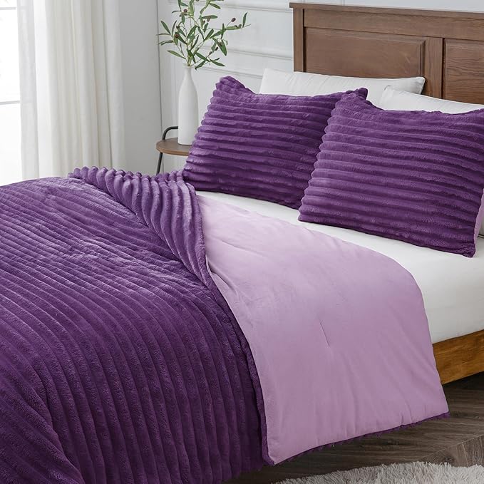 BEDELITE Fleece Queen Comforter Set -Super Soft & Warm Fluffy Purple Bedding, Luxury Fuzzy Heavy Bed Set for Winter with 2 Pillow Cases