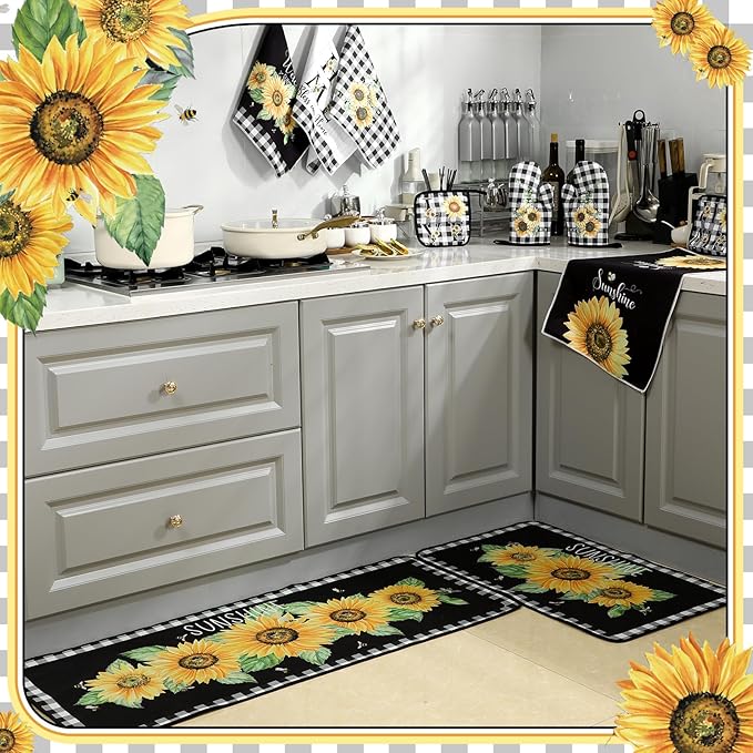 Fourluoo 10 Pcs Sunflower Kitchen Decor 4 White and Black Buffalo Plaid Kitchen Towels 2 Buffalo Check Pot Holders 2 Rustic Sunflower Oven Mitts 2 Yellow Rugs for Cooking Baking Mom Housewarming Gift