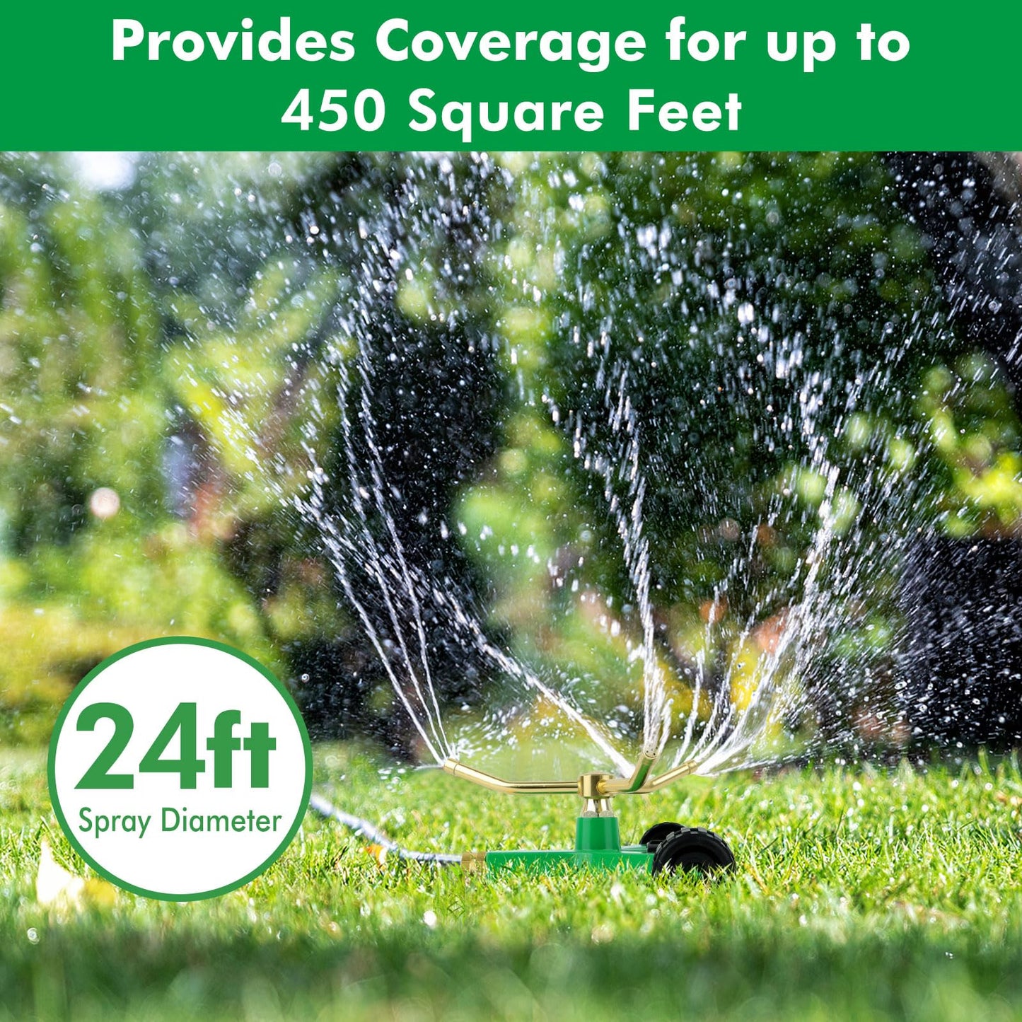 [2 Pack] RESTMO 3-Arm Metal Sprinkler with Wheel Base, 360 Degree Automatic Rotary Lawn Sprinkler System for Garden Plant, Flower Bed and Yard Watering and Large Yard Area Watering