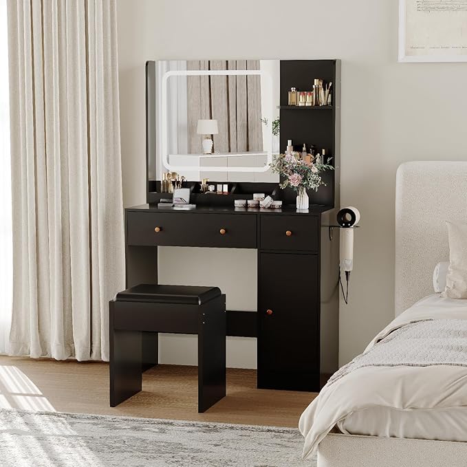 Vanity Desk with Mirror and Lights,Power Outlet,Makeup Vanity Table Set with Storage Drawers Shelves Cabinet& Chair,3 Lighting Modes & Adjustable Brightness,Dressing Table for Bedroom